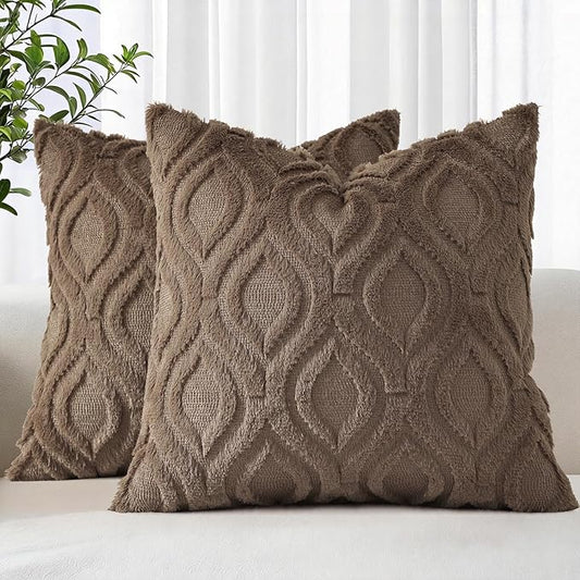 decorUhome Throw Pillow Covers 20x20 Inch Set of 2, Soft Plush Faux Wool Brown Solid Couch Pillow Covers, Accent Farmhouse Neutral Square Pillow Cases for Sofa Bed Living Room