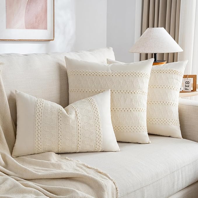 Fancy Homi Set of 1 Boho Cream Decorative Throw Pillow Cover 16x16 Inch for Couch Bed Sofa, Aesthetic Modern Organic Farmhouse Home Decor, Soft Cotton Cute Accent Macrame Woven Cushion Case