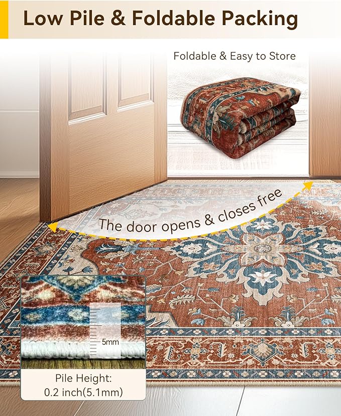 Area Rugs 3'x5' Washable Non-Slip, Floral Vintage Distress Print Pattern Medallion Carpet for Living Room Bedroom Dining Room, Red Orange Blue Brown