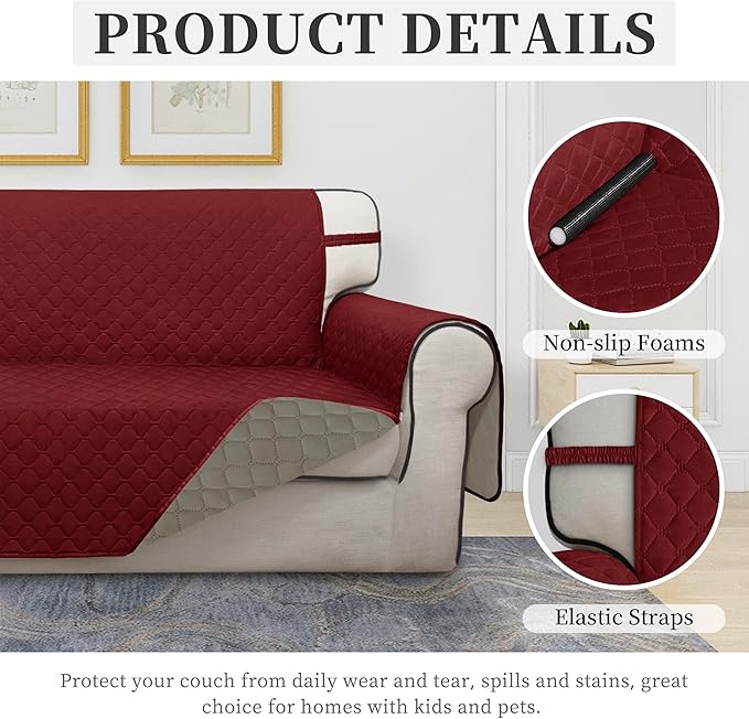 ISSUNTEX Double Protection 100% Waterproof Sofa Covers for Living Room, Couch Covers for 3 Cushion Couch Sofa, Reversible Furniture Protector Sofa Cover for Dogs, Pets (Sofa, Christmas Red/Beige)