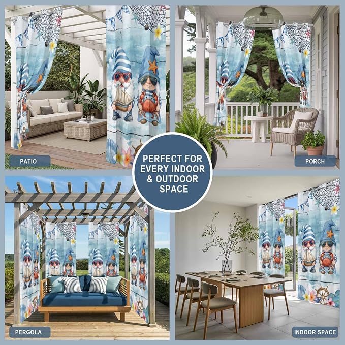 Ocean Gnome Outdoor Curtains for Patio Summer Marine Plumeria Shell Wood Blue - Image 8