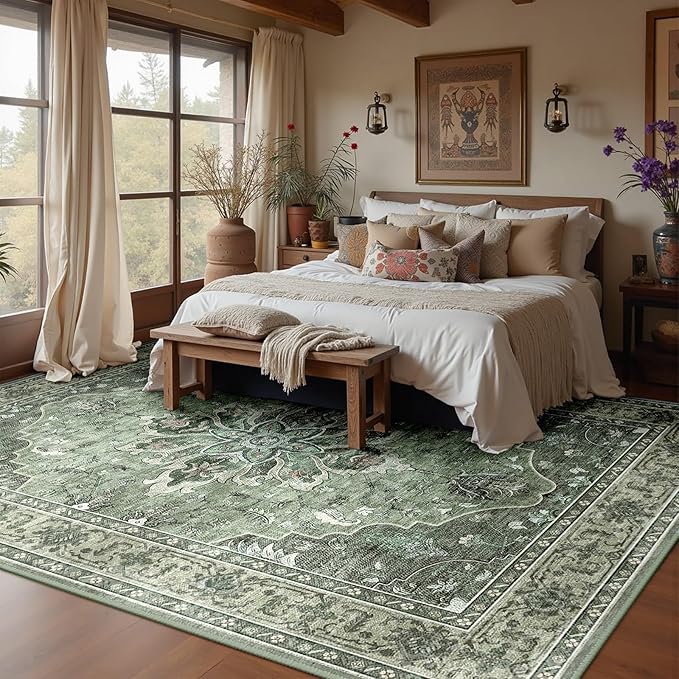 Area Rugs 10'x12' Washable Non-Slip, Floral Vintage Distress Print Pattern Medallion Carpet for Living Room Bedroom Dining Room, Dark Green Gray