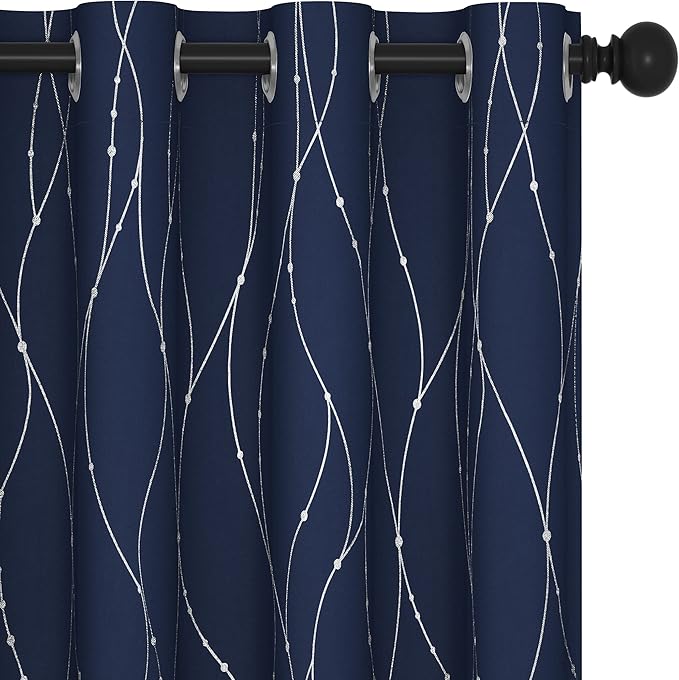 Deconovo Blackout Curtains 63 Inch Length 2 Panels, Navy Blue Curtain, Thermal Insulated Soundproof Privacy Curtain with Silver Wave Dots Print, Machine Washable Window Panel for Bedroom Nursery