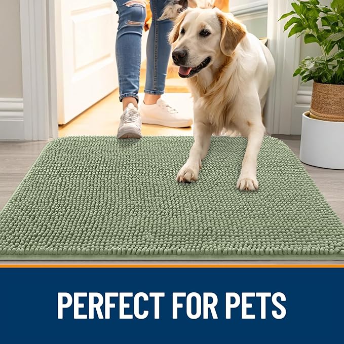 OLANLY Dog Door Mat for Muddy Paws 32x20, Absorbs Moisture and Dirt, Absorbent Non-Slip Washable Doormat, Quick Dry Chenille Mud Mat for Dogs, Entry Indoor Entryway Carpet for Inside Floor, Sage Green