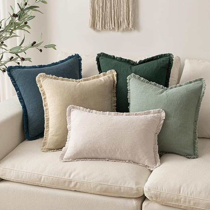 MIULEE Decorative Lumbar Throw Pillow Covers Neutral Linen Fringe Throw Pillows Set of 2 Beige Boho Farmhouse Cushion Covers with Tassels for Couch Sofa Bed Living Room Spring Home Decor 12x20 Inch