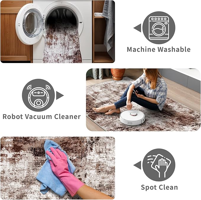 2x6 Washable Runner Rugs for Hallway: Easy-to-Clean Abstract Runners for Entryway Bedroom - Stain and Water Resistant Rugs with Non-Slip Backing - Soft Low-Pile Carpet Brown Khaki White