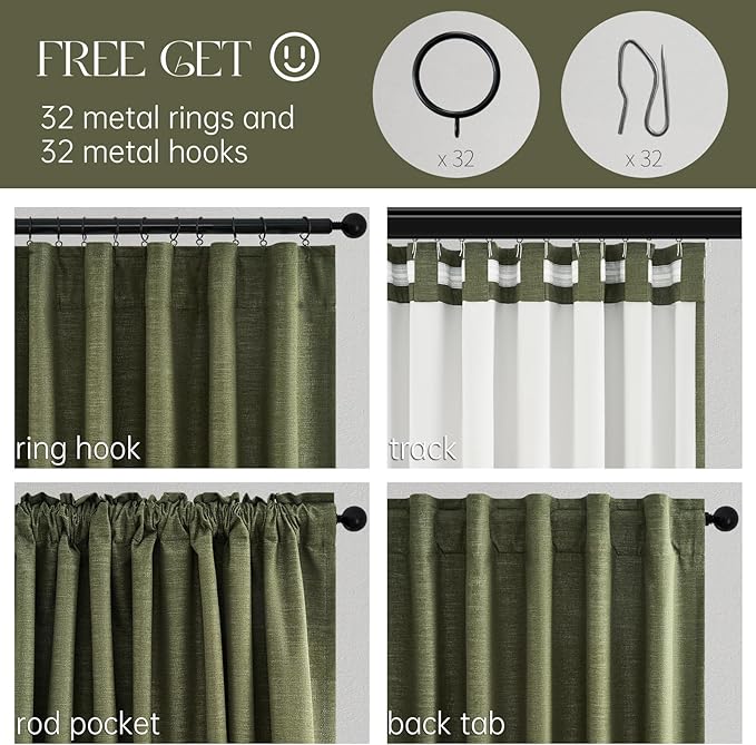 Topfinel Olive Green Linen Blackout Curtains 84 Inch Long for Living Room,Pinch Pleated Drape with Hooks Back Tab Boho Decor, Olive Forest Loden Full Black Out Curtains for Bedroom