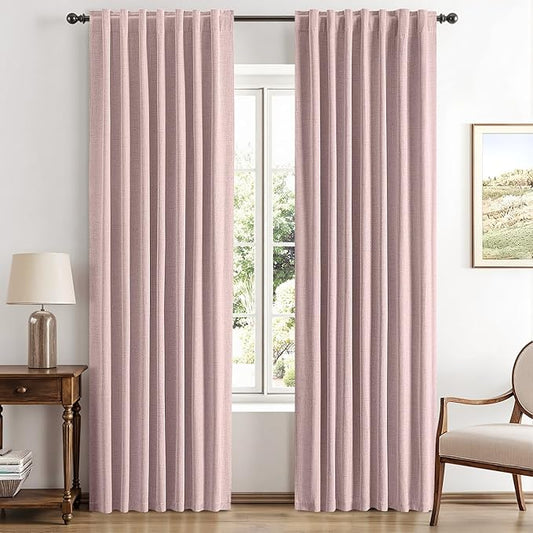 MIULEE 100% Blackout Linen Curtains for Bedroom, Pink Solid Luxury Decor Thermal Insulation Room Darkening Drapes for Living Room Nursery Back Tab Rod Pocket 42 x 63 Inches, 2 Panels