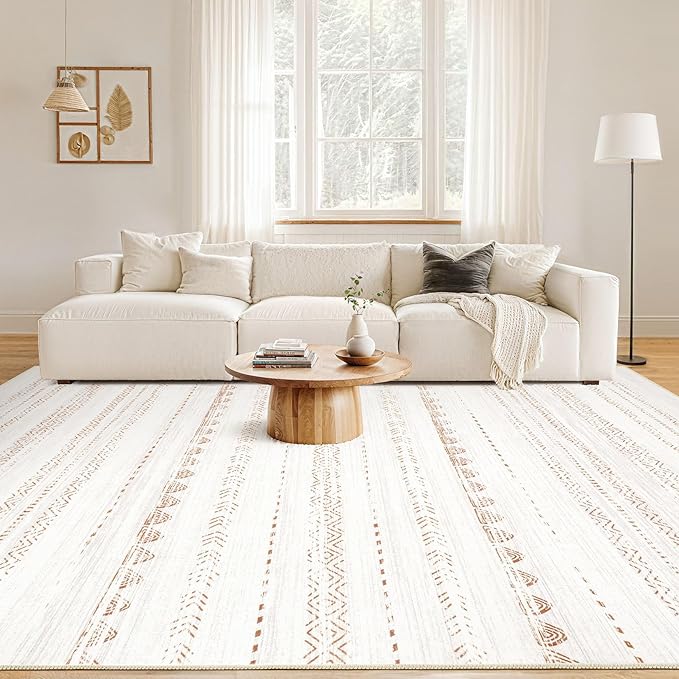 Nakagishi Area Rugs 9x12 Living Room: Washable Boho Large Neutral Modern Soft Farmhouse Rug Stain Resistant Indoor Floor Non-Slip Carpet for Bedroom Nursery Kids Playroom Office Dining Room- Brown