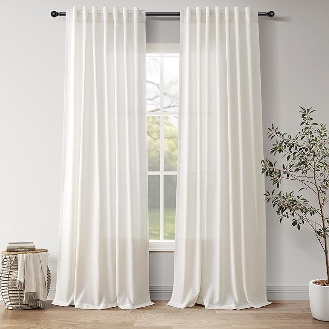 Nanspring Natural Linen Curtains 90 Inches Long for Living Room Country Semi Sheer Light Filtering Curtains Farmhouse Decor Boho Curtain for Bedroom Back Tab and Rod Pocket 52x90, 2 Panels
