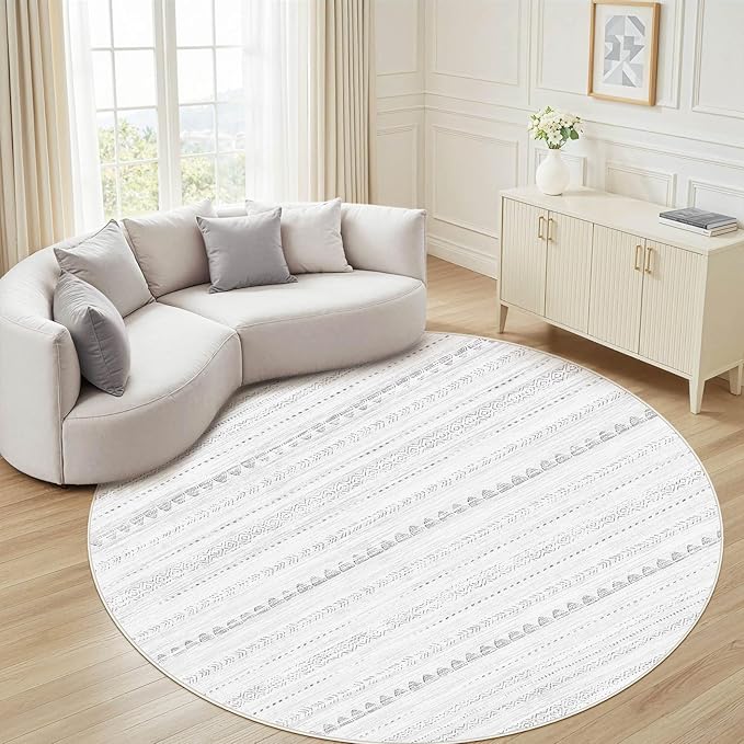 Nakagishi Round Rug Boho Area Rugs: 6x6 Washable Large Circle Neutral Soft Stain Resistant Non-Slip Carpet for Women Aged 25-45 Farmhouse Decor Enthusiasts - Living Room Bedroom Dining Room Nursery