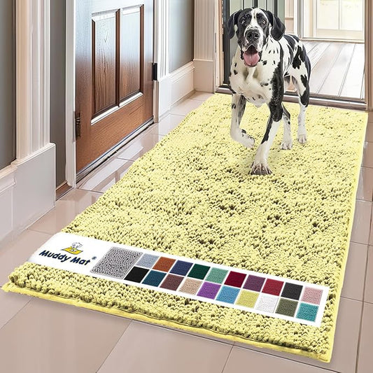 Muddy Mat® | Super Absorbent Door Mat Indoor, Microfiber Quick Dry Chenille Entryway Rug, Non-Slip Front Door Mat, Indoor Mats for Entryway, Machine Washable Pet Rug, Yellow 24" x 96"