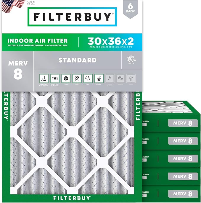 Filterbuy 30x36x2 Air Filter MERV 8 Essential Dust & Allergy Defense, by Filterbuy