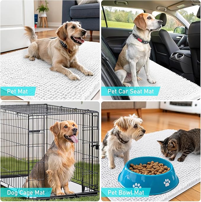 OLANLY Dog Door Mat for Muddy Paws 40x24, Absorbs Moisture and Dirt, Absorbent Non-Slip Washable Doormat, Quick Dry Chenille Mud Mat for Dogs, Entry Indoor Entryway Carpet for Inside Floor, White