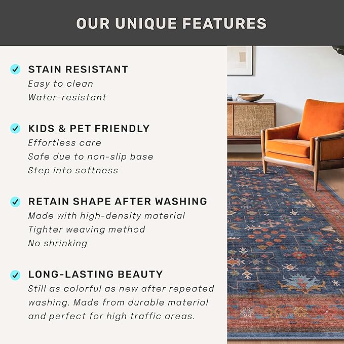 Hazo Haus Navy Blue Runner Rug 2x6 for Kitchen, Hallway, Mudroom, Laundry Room, Bathroom, Washable Non Slip Non Skid Rubber Backing Low Pile Stain Resistance