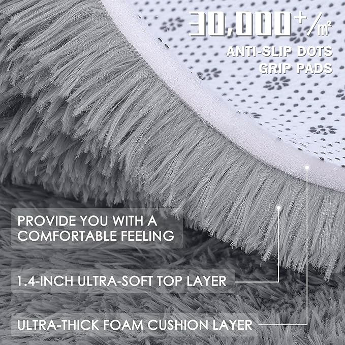 OLANLY 4x4 Machine Washable Accent Rug, Soft Fluffy Shaggy Area Rug for Bedroom, Living Room, Indoor Floor Carpet for Kids, Nursery, Home Decor, Light Grey