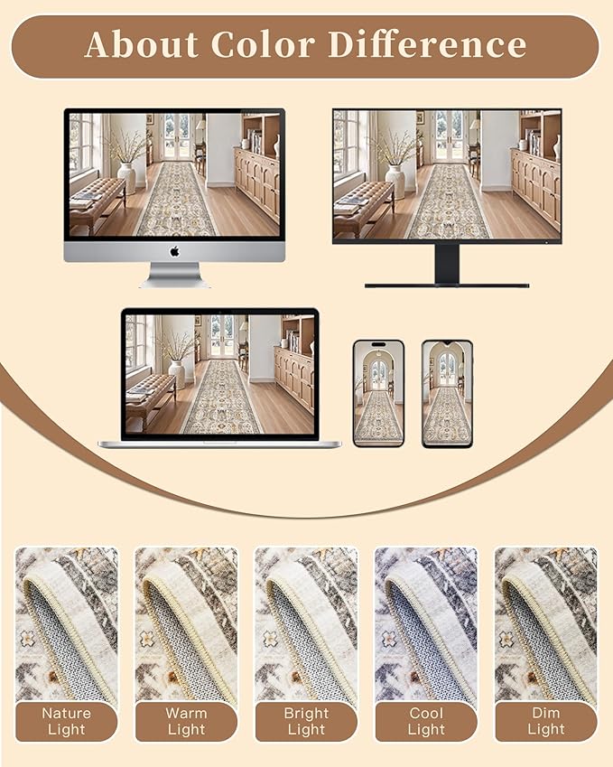 Madane Hallway Runner Rug 3x6 - Washable Kitchen Rugs Entryway Rug Runner Vintage Soft Floor Mat Non Slip Indoor Farmhouse Carpet for Bathroom Living Room Bedroom (3 X 6, Brown/Gold)