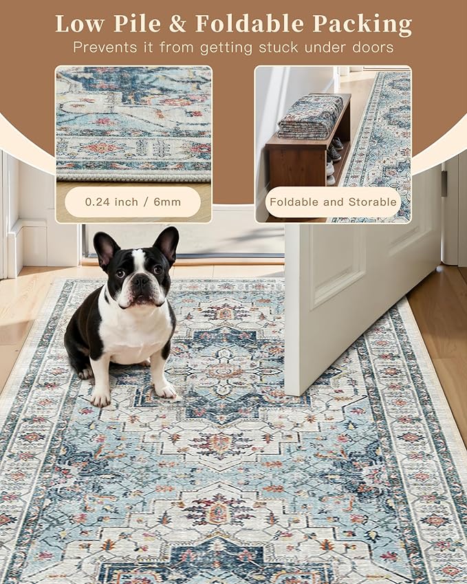 Madane Runner Rugs for Hallway 2x10 Long Washable Non-Slip Hallway Runner Rug Low-Pile Stair Kitchen Runner Throw Carpet for Entrance Living Dining Laundry Room (Blue, 2 x 10)