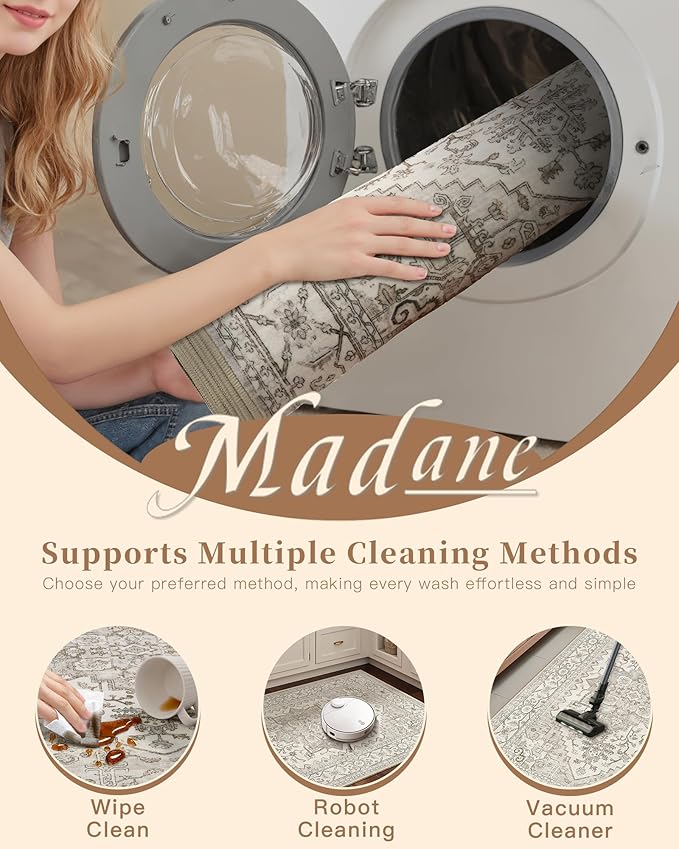 Madane Washable Area Rug 2x4, Small Entryway Rug Non-Slip Vintage Door Mat Indoor Entrance, Low Pile Floor Carpet Runner for Inside Front Door Kitchen Entry Laundry, Beige/Brown