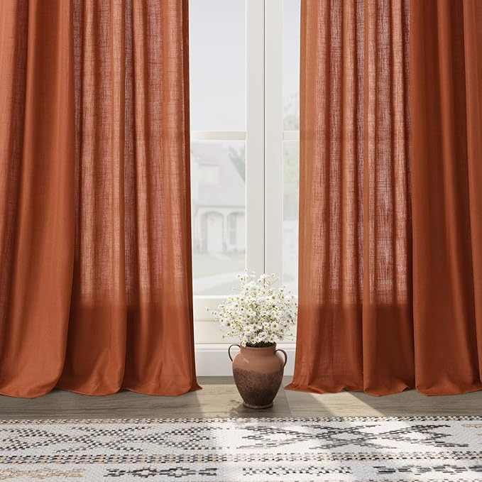 Terracotta Linen Curtains 84 inches Long 2 Panel Set Back Tab Rod Pocket Rustic Farmhouse Boho Curtains for Living Room Semi Sheer Brick Burnt Orange Bohemian Fall Decor for Dining Room Rust