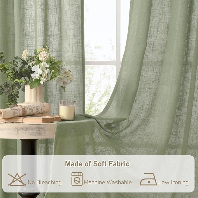 LAMIT Sage Green Linen Curtains 30 Inch Length, Semi Sheer Light Filtering Window Panels Back Tab and Rod Pocket Drapes for Kitchen/Basement/Small Windows, 25 x 30 Inch, 2 Panels
