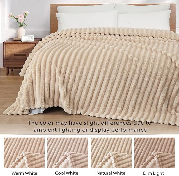 Exclusivo Mezcla Queen Size Flannel Fleece Blanket, Super Soft Striped Jacquard Bed Blanket, Lightweight Fuzzy Cozy for All Seasons, 90x90 Inches, Beige