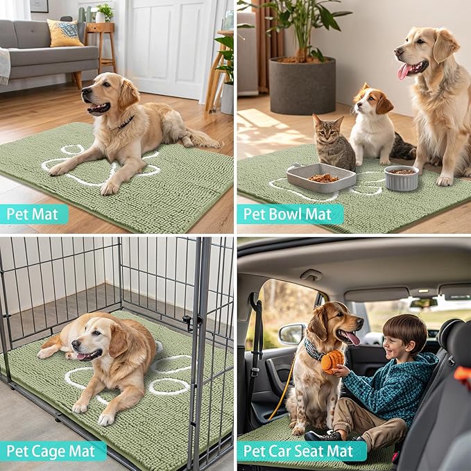 Smiry Dog Door Mat for Muddy Paws, Absorbent Dirt Trapper Non Slip Quick Dry Washable Chenille Mat for Mud Dogs, Entry Rug for Indoor and Outdoor (24x16 Inches, Sage Green and White)