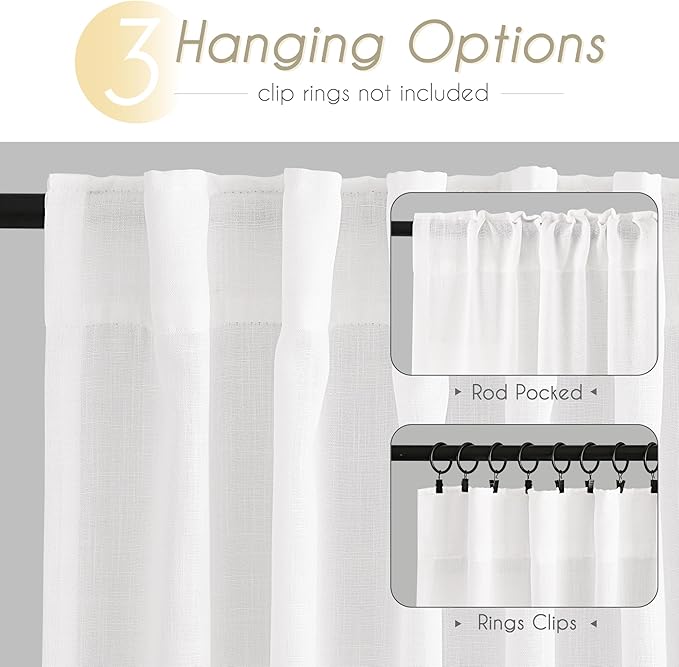 Long White Curtain 108 inches Long 2 Panels Set Back Tab Light Filtering Cotton Textured Curtain Modern Farmhouse Coastal Decor White Linen Drapes 108 inch Length for Large Window 9 FT Tall 42x108