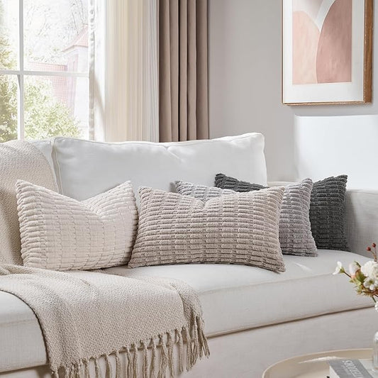 Fancy Homi Set of 4 Grey and White Lumbar Rectangle Decorative Throw Pillow Covers 12x20 Inch for Couch Bed Chair, Farmhouse Boho Room Decor, Soft Fuzzy Corduroy Textured Striped Cushion Case 30x50cm