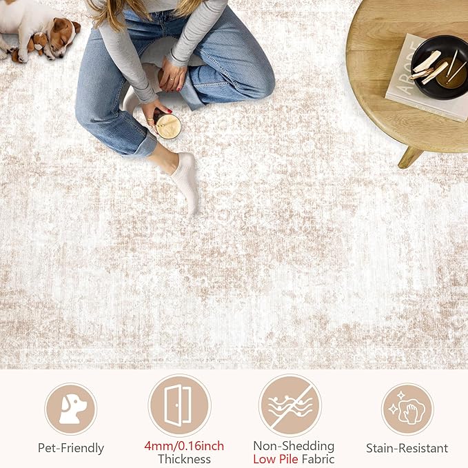 Area Rug 9x12 Vintage Rugs: Large Washable Living Room Rug Retro Medallion Distressed Soft Low Pile Non-Slip Rugs Indoor Floor Carpet for Bedroom Dining Table Office (Beige/Brown,9'x12')