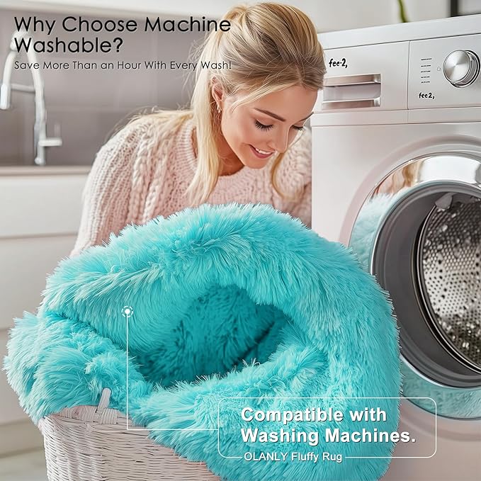 OLANLY 3x5 Machine Washable Small Bedside Rug, Soft Fluffy Shaggy Rugs for Living Room, Bedroom, Indoor Floor Carpet for Kids Girls and Boys, Preppy Dorms, Nursery, Home Decor Aesthetic, Teal Blue