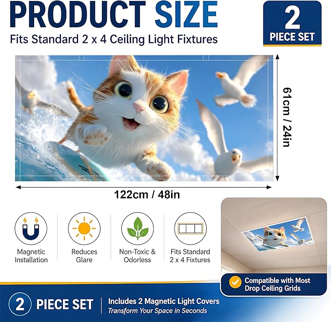 2 Pack Cute Surfing Cat Decorative Ceiling Light Covers, Magnetic 4x2 Ft - Image 2