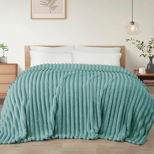 Exclusivo Mezcla Queen Size Flannel Fleece Blanket, Super Soft Striped Jacquard Bed Blanket, Lightweight Fuzzy Cozy for All Seasons, 90x90 Inches, Celadon