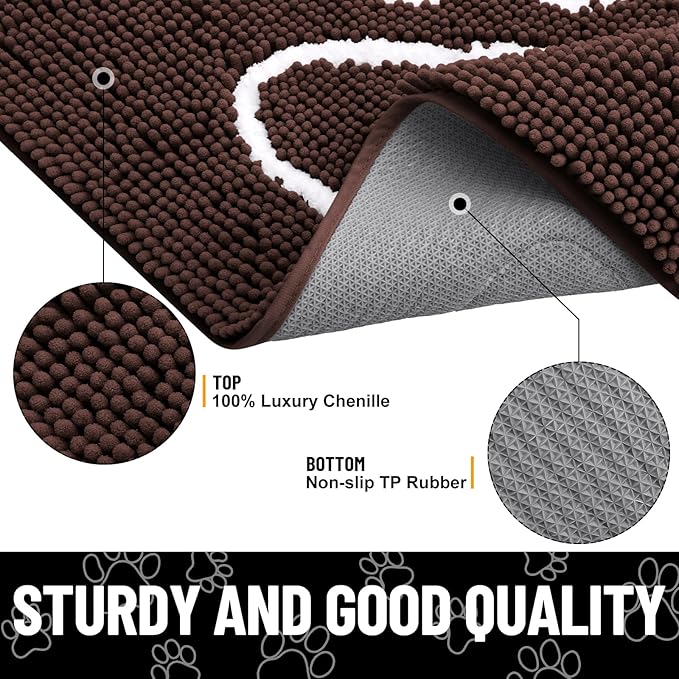 Smiry Dog Door Mat for Muddy Paws, Absorbent Dirt Trapper Non Slip Quick Dry Washable Chenille Mat for Mud Dogs, Entry Rug for Indoor and Outdoor (59x32 Inches, Brown and White)