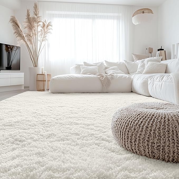 OLANLY 7x9 Machine Washable Large Area Rugs for Living Room, Bedroom, Soft Fluffy Shaggy Bedside Rug, Indoor Floor Carpet for Kids Girls and Boys, Dorms, Nursery, Home Decor Aesthetic, Ivory