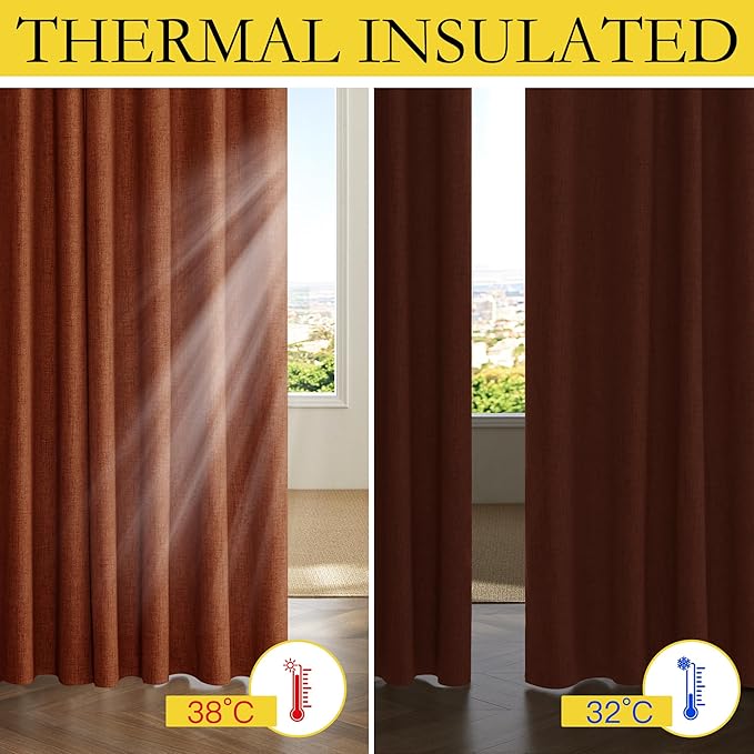 NICETOWN 100% Absolutely Blackout Linen Curtains with Thermal Insulated Liner, 62" Wide, 2 Panels, 120" Long Drapes, Grommet Retro Burnt Orange Linen Curtains Vertical Drapes Privacy for Bedroom