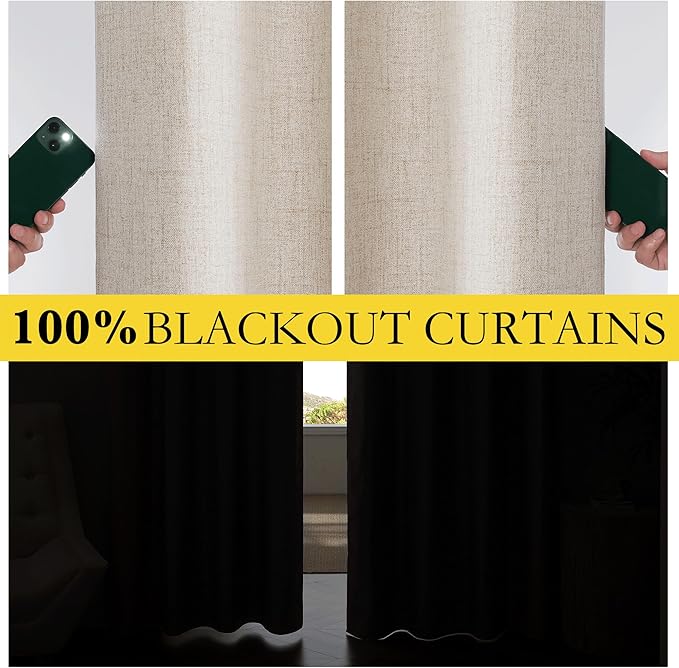 NICETOWN Oatmeal Vintage Open Linen Weave Flax Thermal Curtains, 100% Blackout Curtains 108" Long for Dining Room, Soundproof Window Treatment Drapes for Home Office, 62" Wide Per Panel, Set of 2