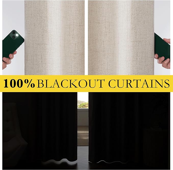 NICETOWN Oatmeal 100% Blackout Short Curtains 63 inches Lenghth Burg for Kitchen, 2 Panels, Burlap Linen Drapes with Thermal Insulated Grey Liner, Keeping Out Cold Air and Heat Panels