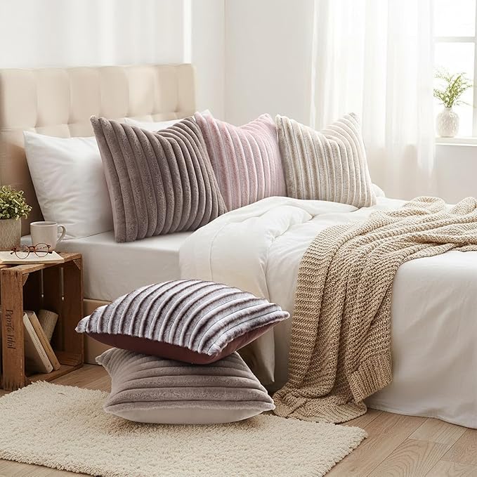 decorUhome Cozy Faux Fur Throw Pillow Covers 26x26 Set of 2 Decorative Soft Plush Striped Modern Farmhouse Boho Couch Euro Sham Pillow Cases with Velvet Back for Sofa Bed Living Room, Light Coffee