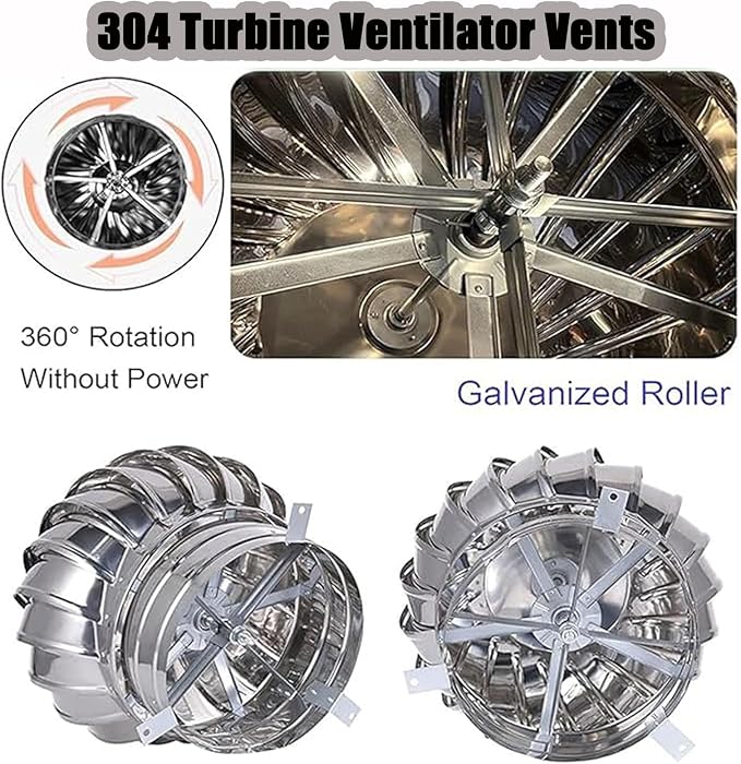 250 mm / 10 in Stainless Steel Turbine Roof Ventilator, 304 Grade Metal Wind - Image 6