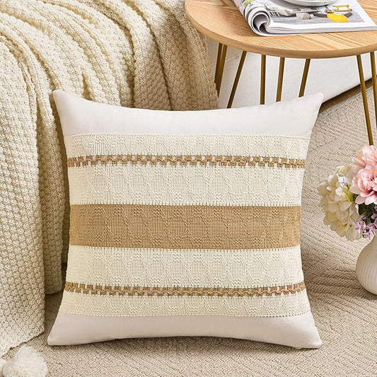 Fancy Homi Set of 1 Tan Neutral Decorative Throw Pillow Cover 16x16 Inch for Couch Bed Sofa, Aesthetic Modern Organic Farmhouse Boho Home Decor, Soft Cotton Cute Accent Macrame Woven Cushion Case