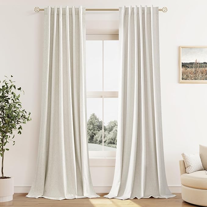 Guken Cream 100% Blackout Cream Linen Curtains 52 Inch Wide by 128 Inch 2 Panels Set for Living Room Bedroom Back Tab Thermal Insulated Black Out Drapes Room Darkening Window Curtains