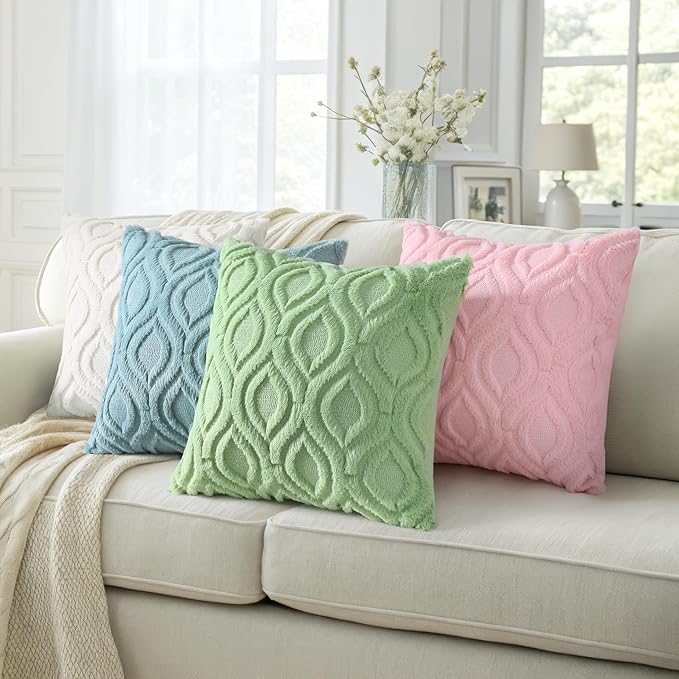 decorUhome Summer Throw Pillow Covers 12x20 Inch Set of 2, Soft Plush Faux Wool Aqua Solid Couch Pillow Covers, Accent Farmhouse Neutral Rectangle Pillow Cases for Sofa Bed Living Room
