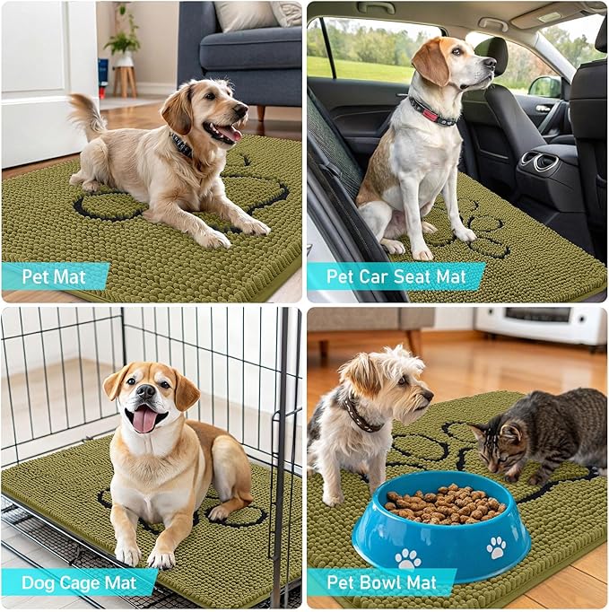 OLANLY Dog Door Mat for Muddy Paws 36x24, Paw Print Design, Absorbs Moisture and Dirt, Non-Slip Washable Doormat, Quick Dry Chenille Mud Mat for Dogs, Entry Indoor Entryway Carpet, Willow Green