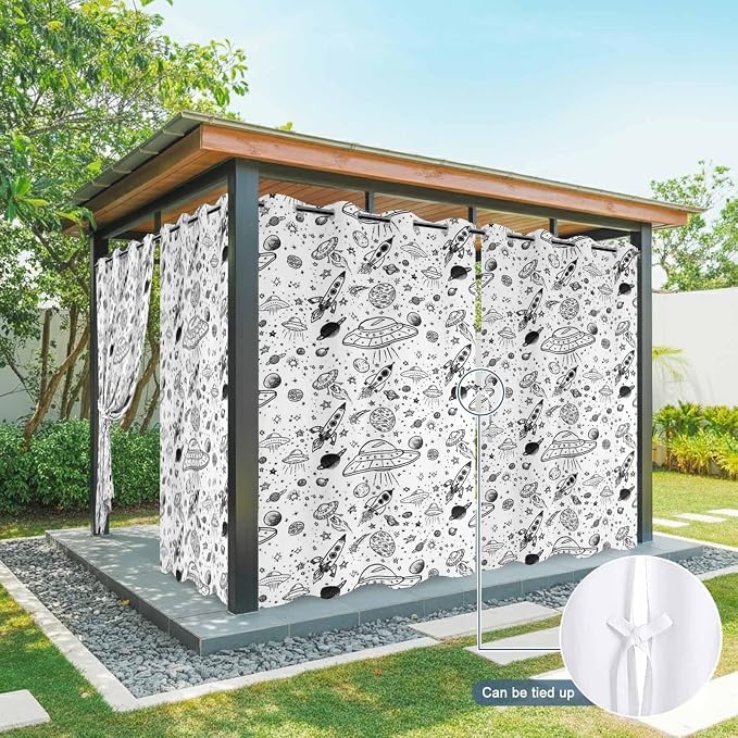 Cartoon Space Outdoor Curtains for Patio Rockets Astronauts Planets Black - Image 7