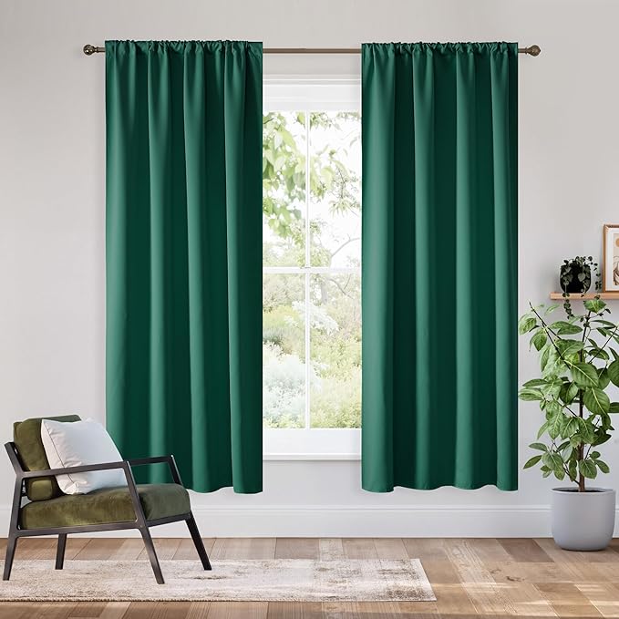 RYB HOME Bedroom Blackout Curtains 72 inches Long, 100% Blackout Thermal Insulated Noise Reducing Curtains for Living Room Nursury, 42 inches Wide by 72 inches Long, Dark Green