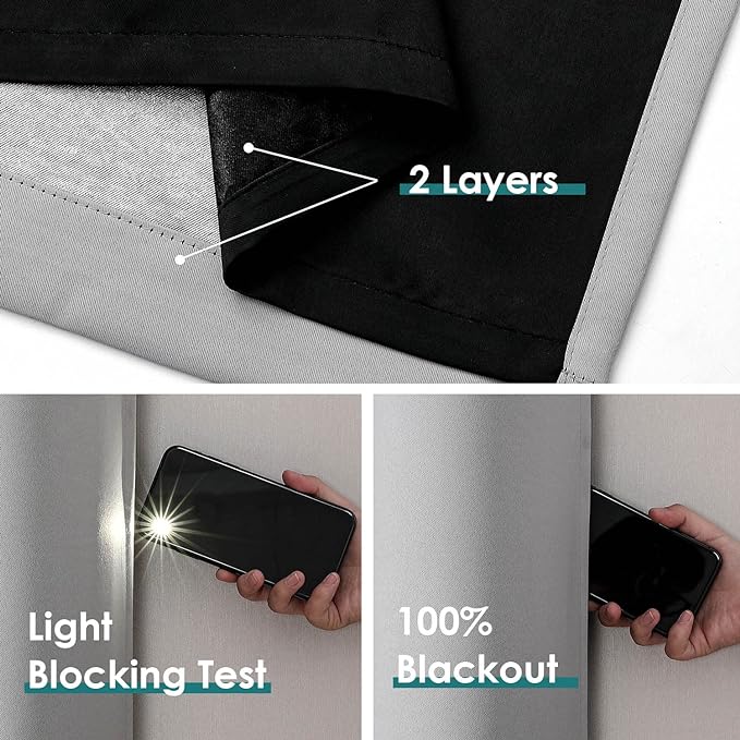 ChrisDowa 100% Blackout Curtains for Bedroom with Black Liner, 2 Thick Layers Total Blackout Thermal Insulated Grommet Window Curtains 63 Inch Length 2 Panels Set (Light Grey, 52 x 63 Inch)
