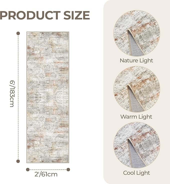 Washable Runner Rugs for Bedroom - 2x6 Runner Rug Non Slip, Ultra-Thin Entryway Runner, Soft Abstract Kitchen Runner for Hallway, Laundry, Bathroom, Indoor Door Mat(2'x6', Grey/Rust)