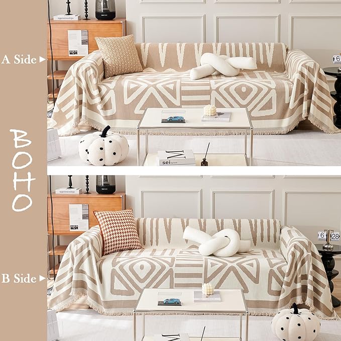 HANDONTIME Sofa Covers Armchair Boho Couch Cover for Dogs Khaki Throw Couch Cover with Tassel Chair Recliner Futon Cover Washable 1 Cushion Couch Non Slip Chenille Couch Protector, 71" X102"