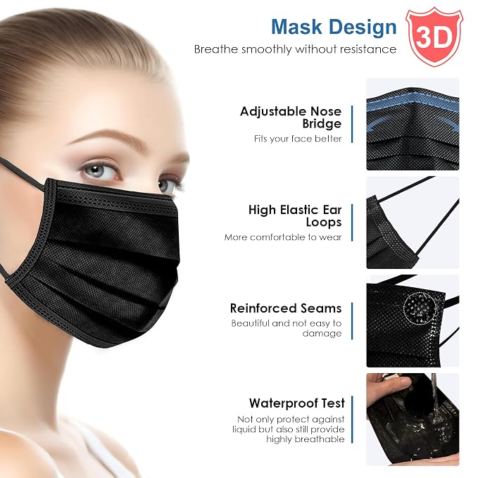 NNPCBT Black Disposable Face Masks 125 Pack, 3-Ply Breathable Mask - Image 3